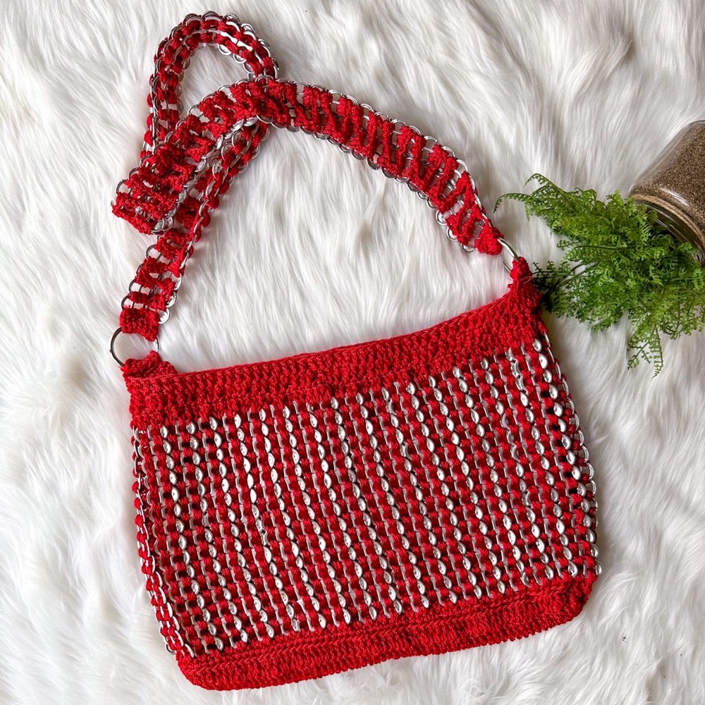 Upcycle Soda Pop Pull Tab Circular Purse Handbag Red Hobo Handmade Crochet - Picture 3 of 5